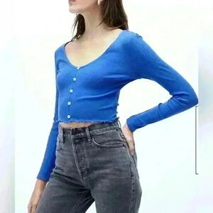 PacSun Ribbed Cropped Top Size XS Blue Long Sleeve Button Down Cardigan Scoop
